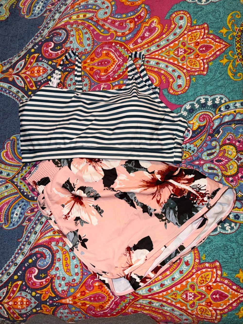 Striped Navy & White Bikini Top with Pink Floral Shorts/Bottoms